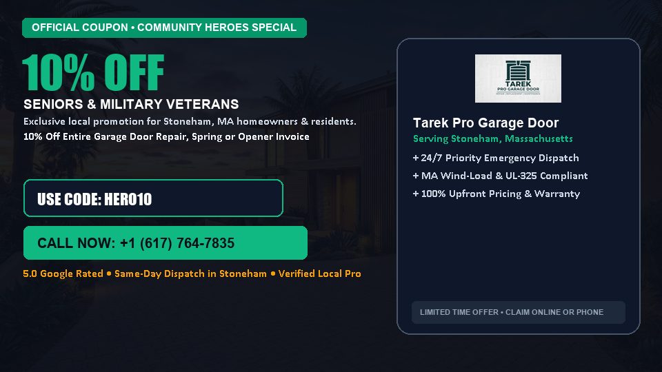 Tarek Pro Garage Door 10% OFF Seniors & Military Veterans in Stoneham, MA
